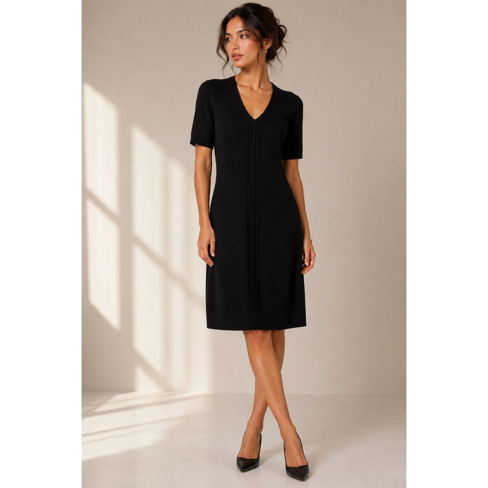Vintage St. John Santana Knit Dress Womens Black V-Neck Short Sleeve Sheath Chic
